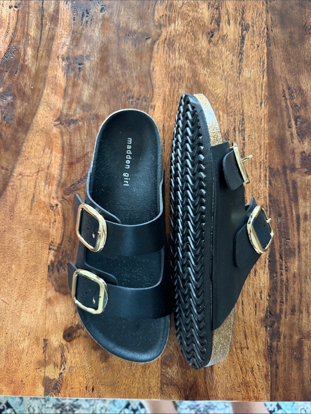 Madden Girl Black Slide Sandals with Gold Buckles